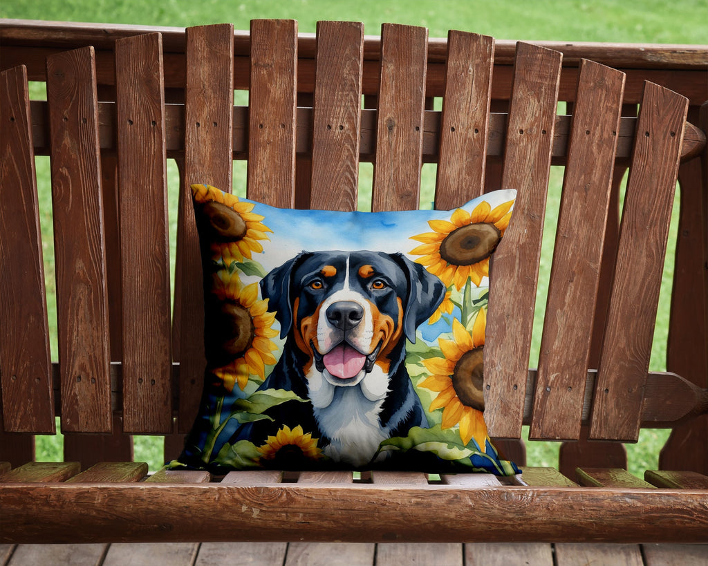 Greater Swiss Mountain Dog in Sunflowers Decorative Throw Pillow 14x14 Indoor Outdoor Accent Cushion, Fabric Cover with Insert for Sofa, Bed, Porch & Living Room