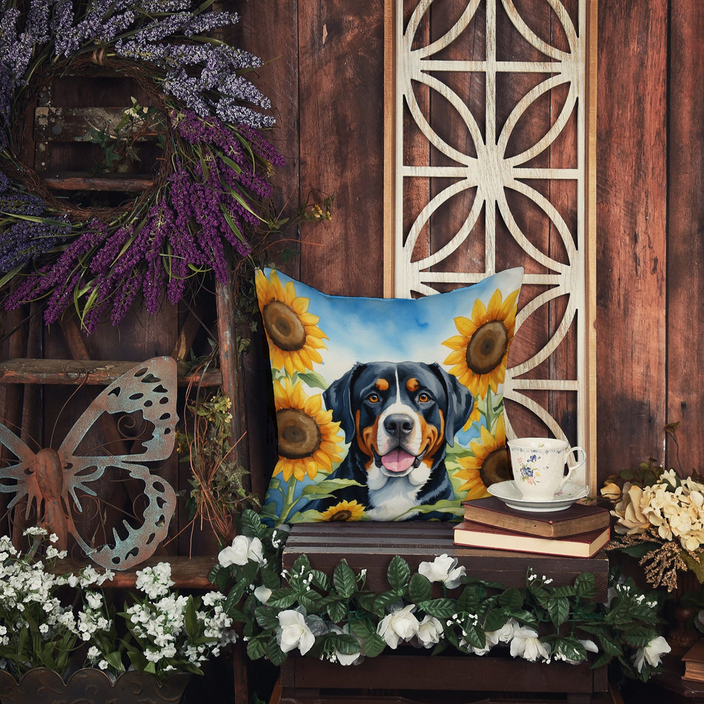 Greater Swiss Mountain Dog in Sunflowers Decorative Throw Pillow 18x18 Indoor Outdoor Accent Cushion, Fabric Cover with Insert for Sofa, Bed, Porch & Living Room