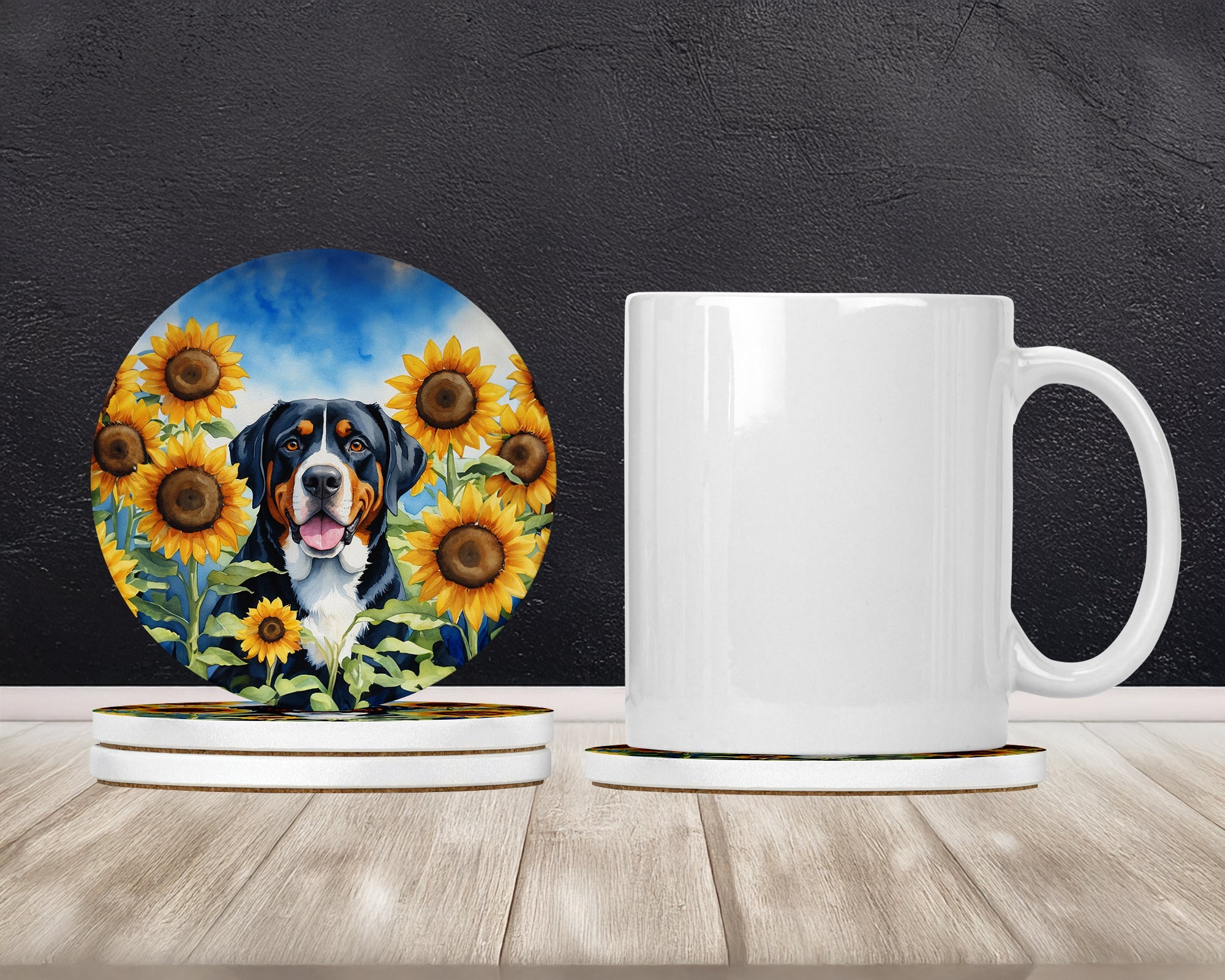 Greater Swiss Mountain Dog in Sunflowers Large Sandstone Coasters Pack of 4 Absorbent Round Coasters Decor Gifts for Men or Women, 4 in, Multicolor