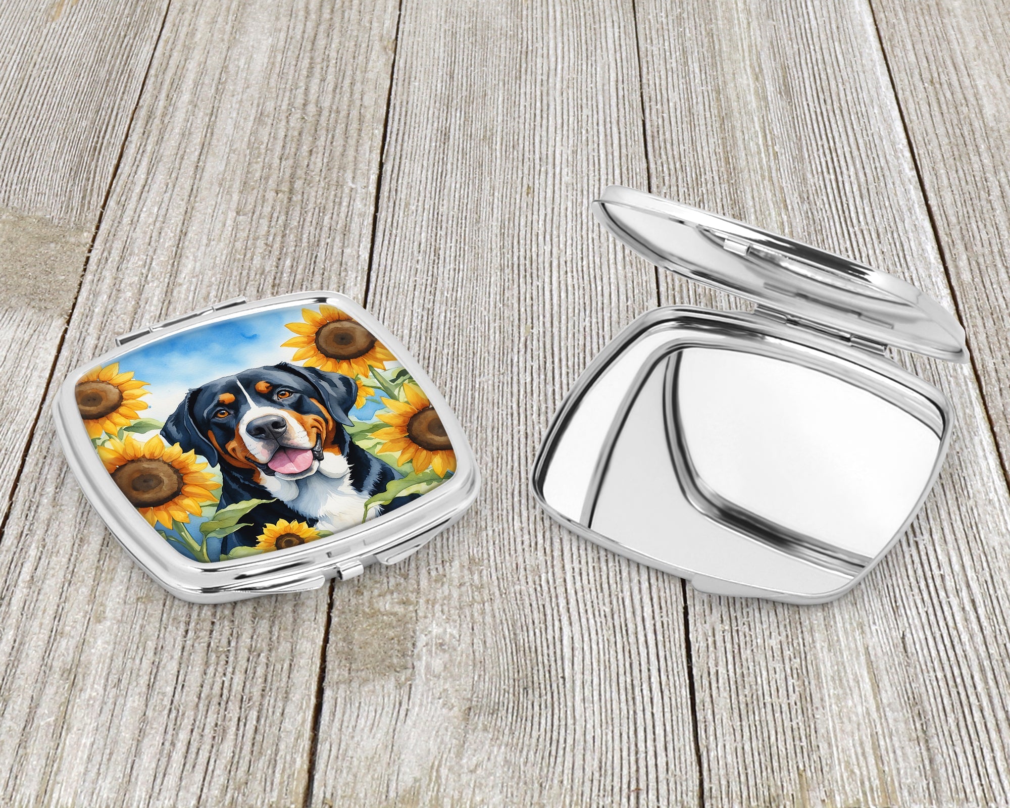 Greater Swiss Mountain Dog in Sunflowers Compact Mirror Decorative Travel Makeup Mirror for Women Girls Gifts Pocket Makeup Mirror Folding Handheld