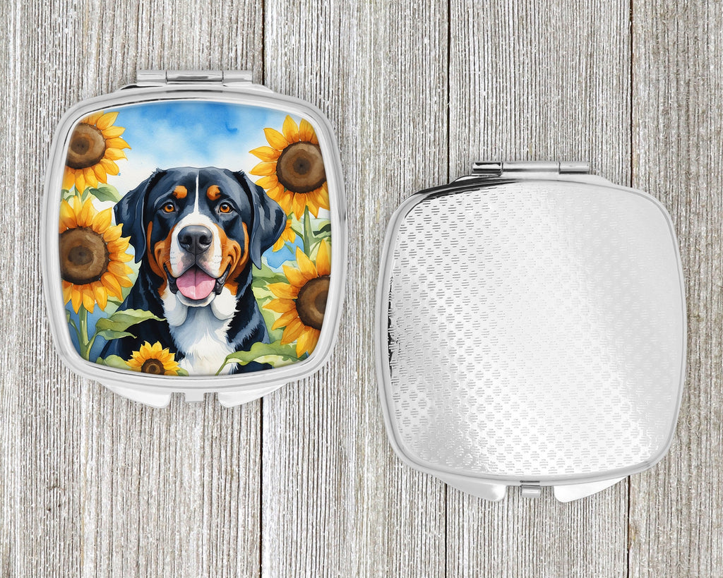 Greater Swiss Mountain Dog in Sunflowers Compact Mirror Decorative Travel Makeup Mirror for Women Girls Gifts Pocket Makeup Mirror Folding Handheld