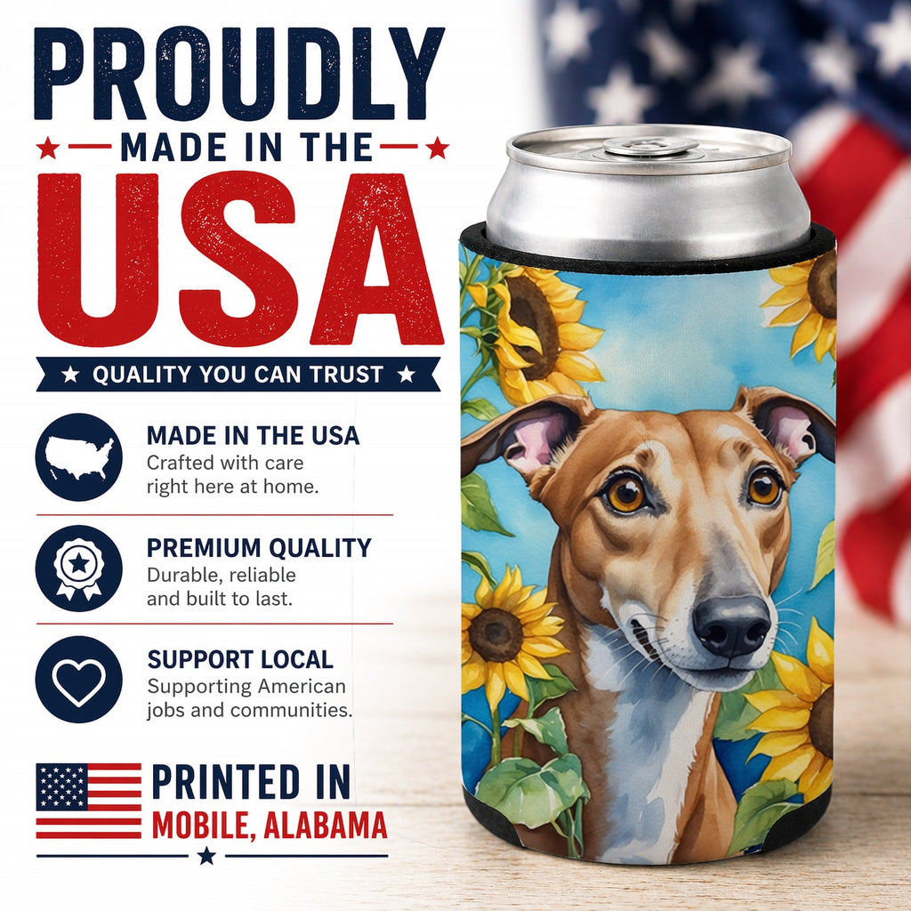 Greyhound in Sunflowers Can or Bottle Hugger Cooler Sleeve for Standard 12 oz Cans, Insulated Foam Beer & Soda Can Hugger Reusable