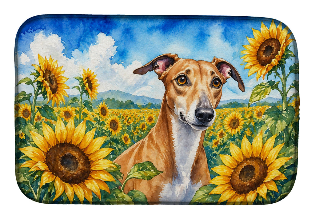 Greyhound in Sunflowers Dish Drying Mat Absorbent Dish Drying Mat Pad for Kitchen Counter Dish Drainer Mat for Countertop, 14 x 21", Multicolor