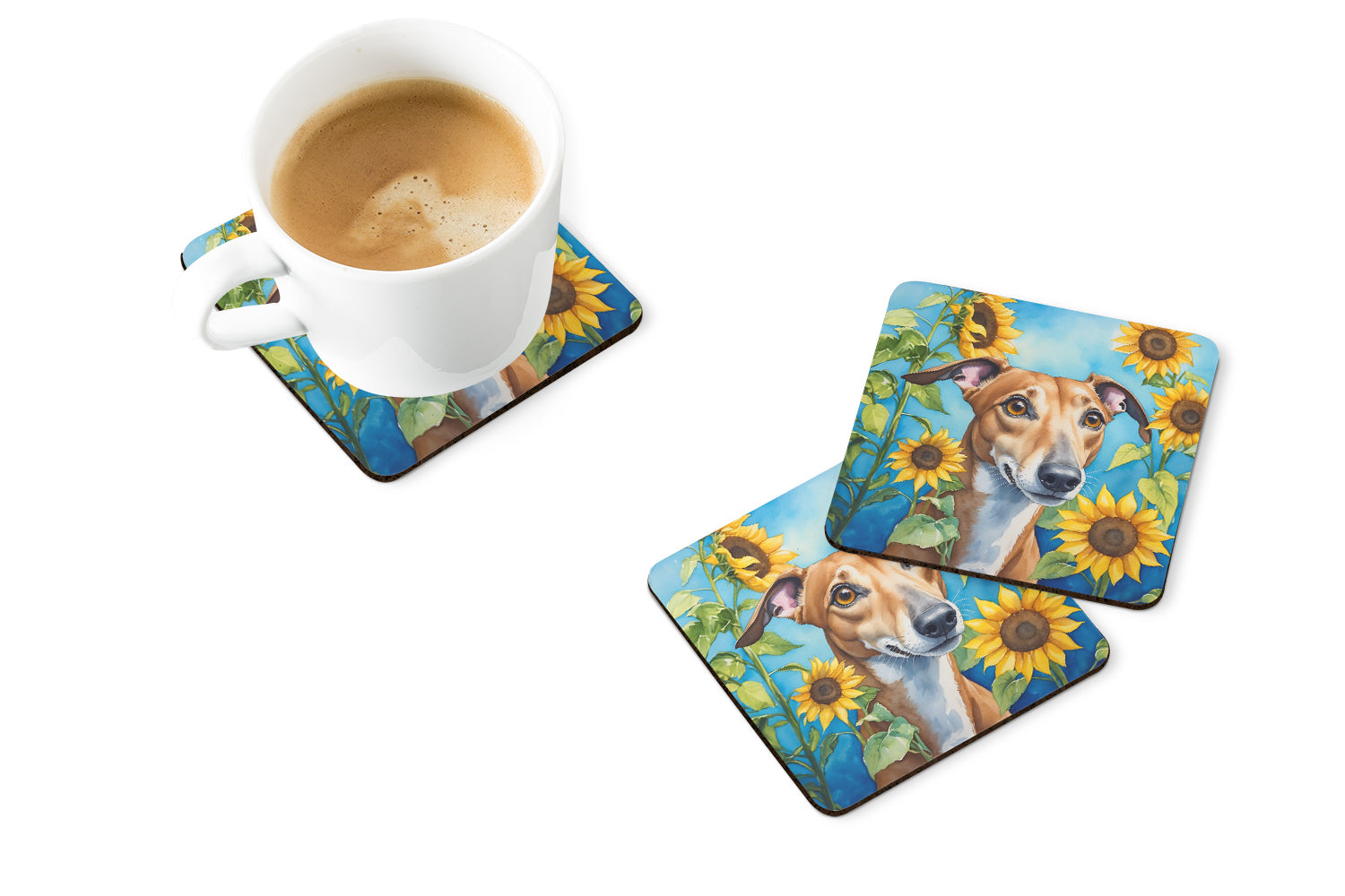 Greyhound in Sunflowers Foam Coasters Set of 4 Cup Coasters for Indoor Outdoor, Tabletop Protection, Anti Slip, Mouse pad Material