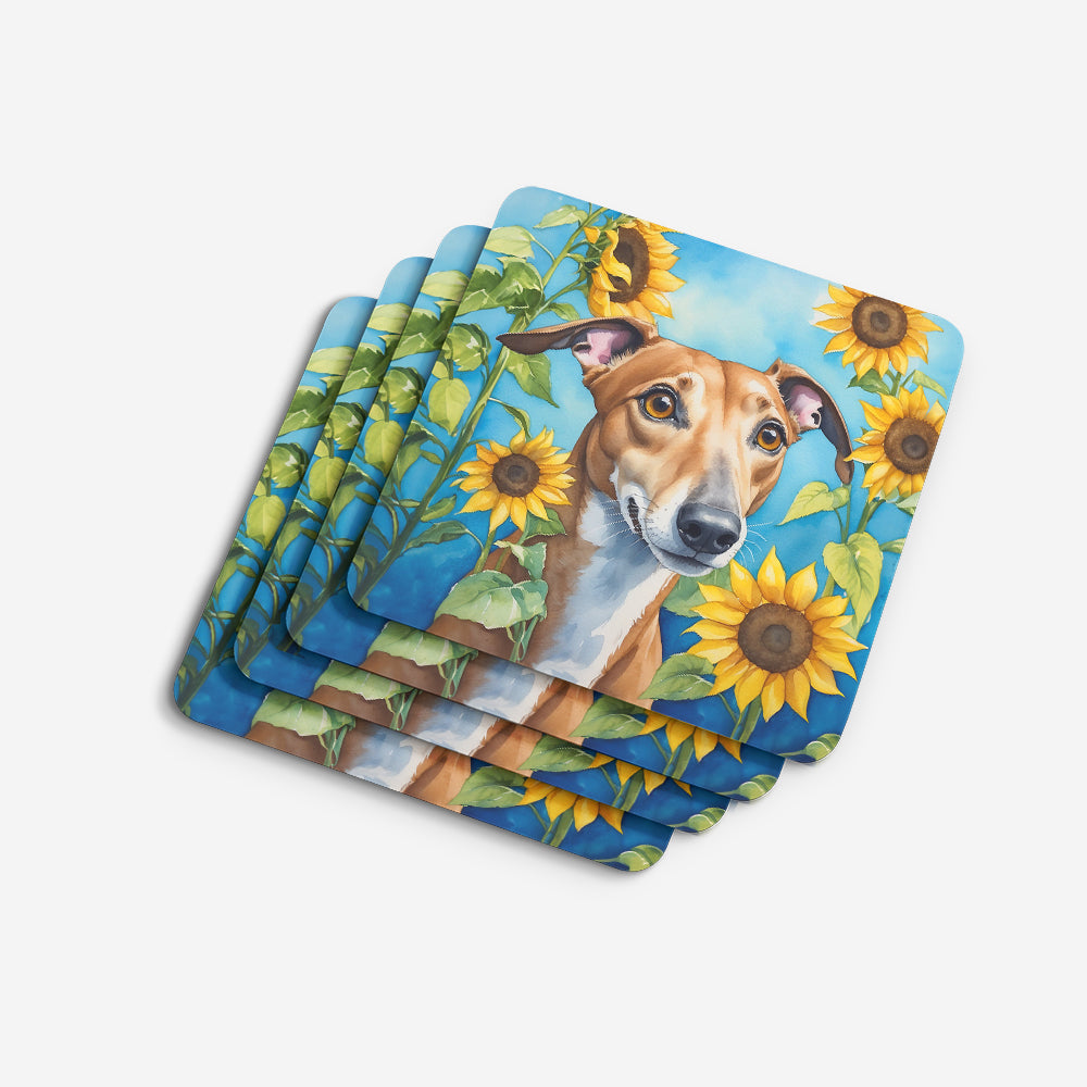 Greyhound in Sunflowers Foam Coasters Set of 4 Cup Coasters for Indoor Outdoor, Tabletop Protection, Anti Slip, Mouse pad Material