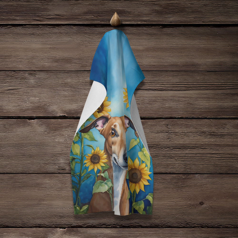 Greyhound in Sunflowers Kitchen Towel Velour Plush Front and Cotton Loop Back Machine Washable