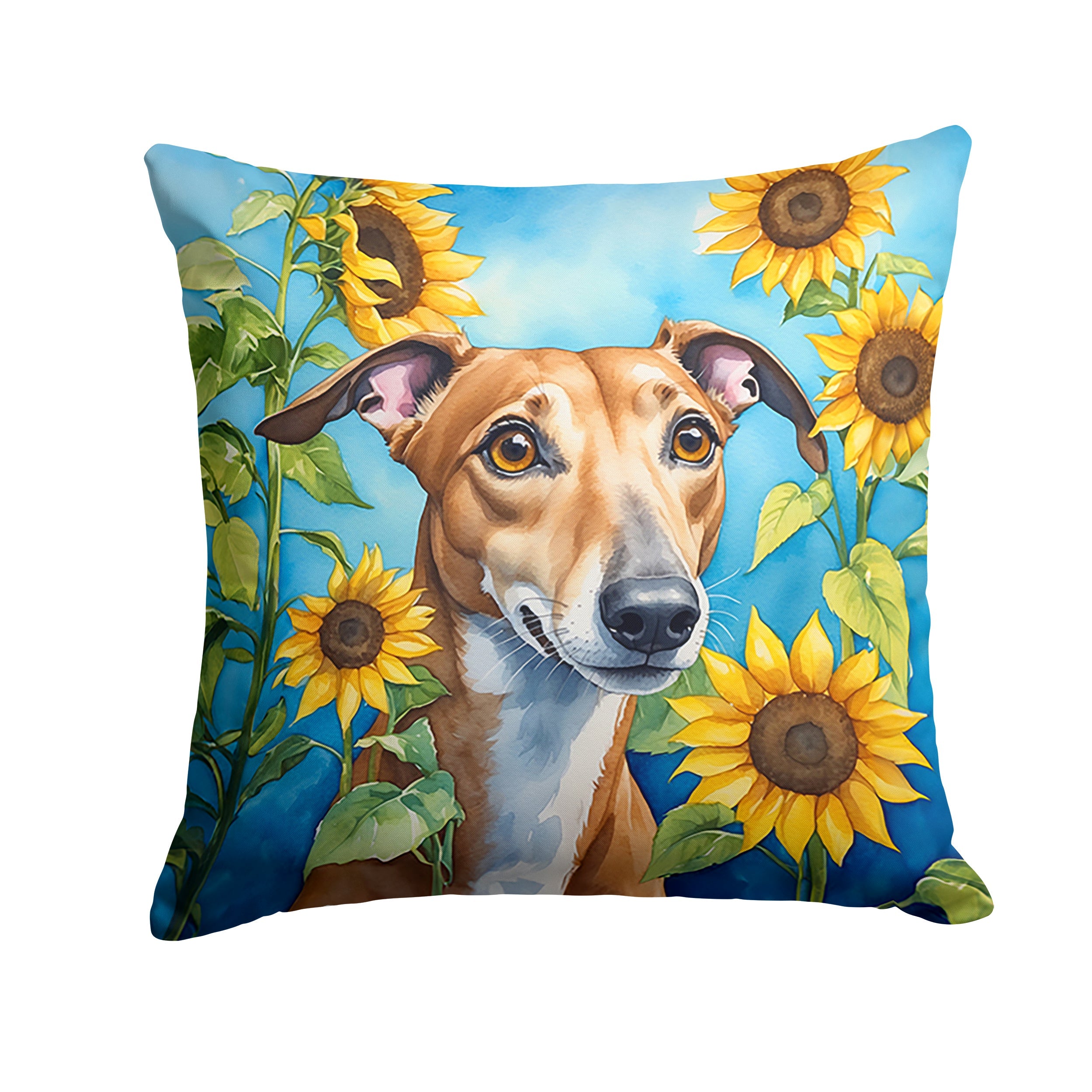 Greyhound in Sunflowers Decorative Throw Pillow 14x14 Indoor Outdoor Accent Cushion, Fabric Cover with Insert for Sofa, Bed, Porch & Living Room