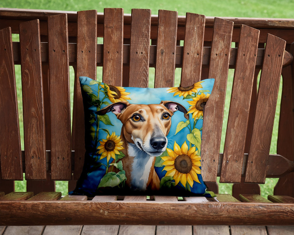 Greyhound in Sunflowers Decorative Throw Pillow 14x14 Indoor Outdoor Accent Cushion, Fabric Cover with Insert for Sofa, Bed, Porch & Living Room