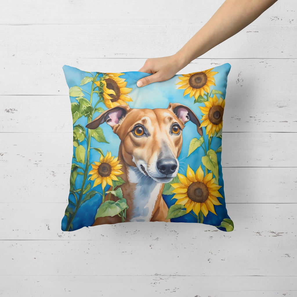 Greyhound in Sunflowers Decorative Throw Pillow 18x18 Indoor Outdoor Accent Cushion, Fabric Cover with Insert for Sofa, Bed, Porch & Living Room
