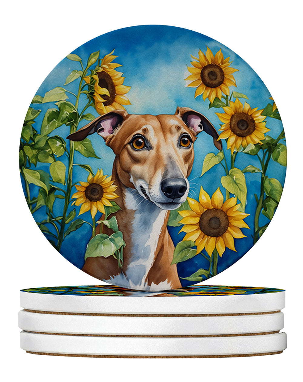 Greyhound in Sunflowers Large Sandstone Coasters Pack of 4 Absorbent Round Coasters Decor Gifts for Men or Women, 4 in, Multicolor