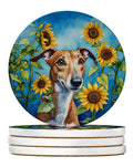 Greyhound in Sunflowers Large Sandstone Coasters Pack of 4 Absorbent Round Coasters Decor Gifts for Men or Women, 4 in, Multicolor