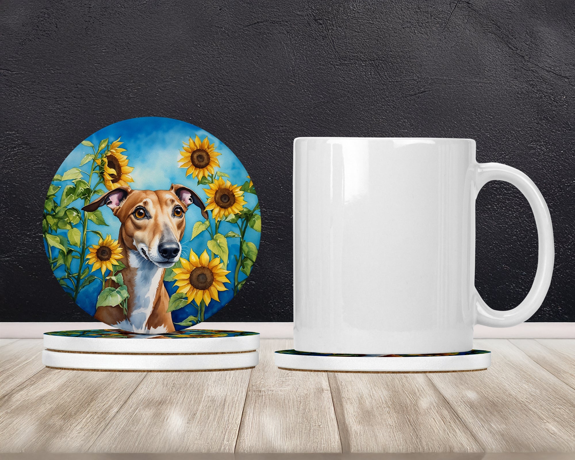 Greyhound in Sunflowers Large Sandstone Coasters Pack of 4 Absorbent Round Coasters Decor Gifts for Men or Women, 4 in, Multicolor