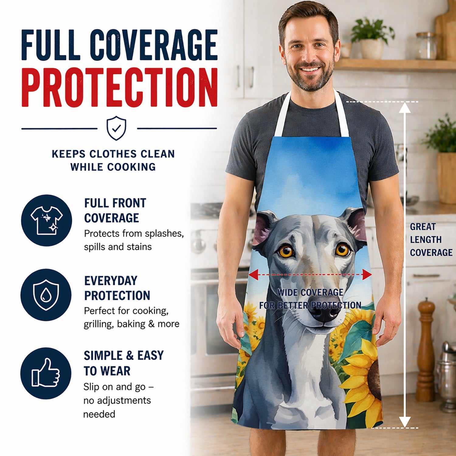 Greyhound in Sunflowers Apron Cooking Kitchen Server Baking Crafts Gardening for Adult Women Men, Unisex, Large, Multicolor