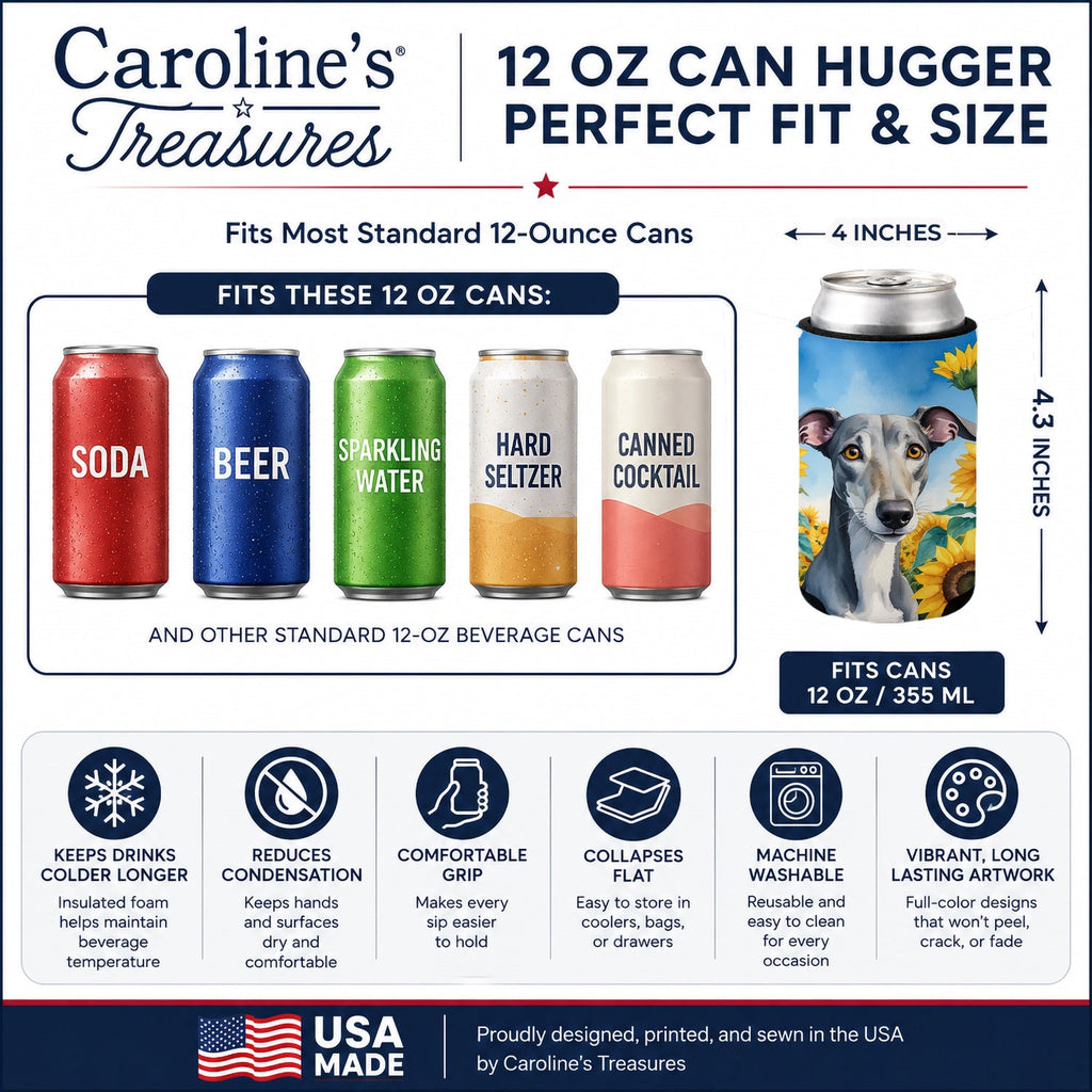Greyhound in Sunflowers Can or Bottle Hugger Cooler Sleeve for Standard 12 oz Cans, Insulated Foam Beer & Soda Can Hugger Reusable