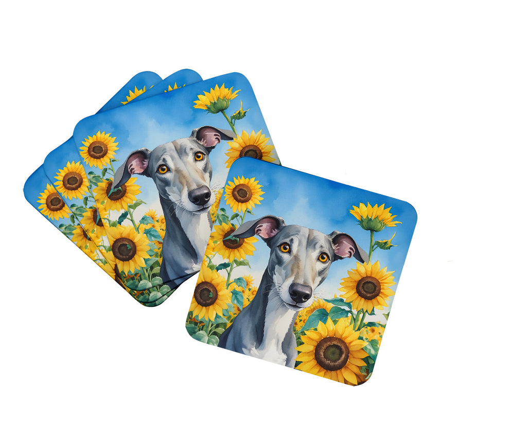 Greyhound in Sunflowers Foam Coasters Set of 4 Cup Coasters for Indoor Outdoor, Tabletop Protection, Anti Slip, Mouse pad Material