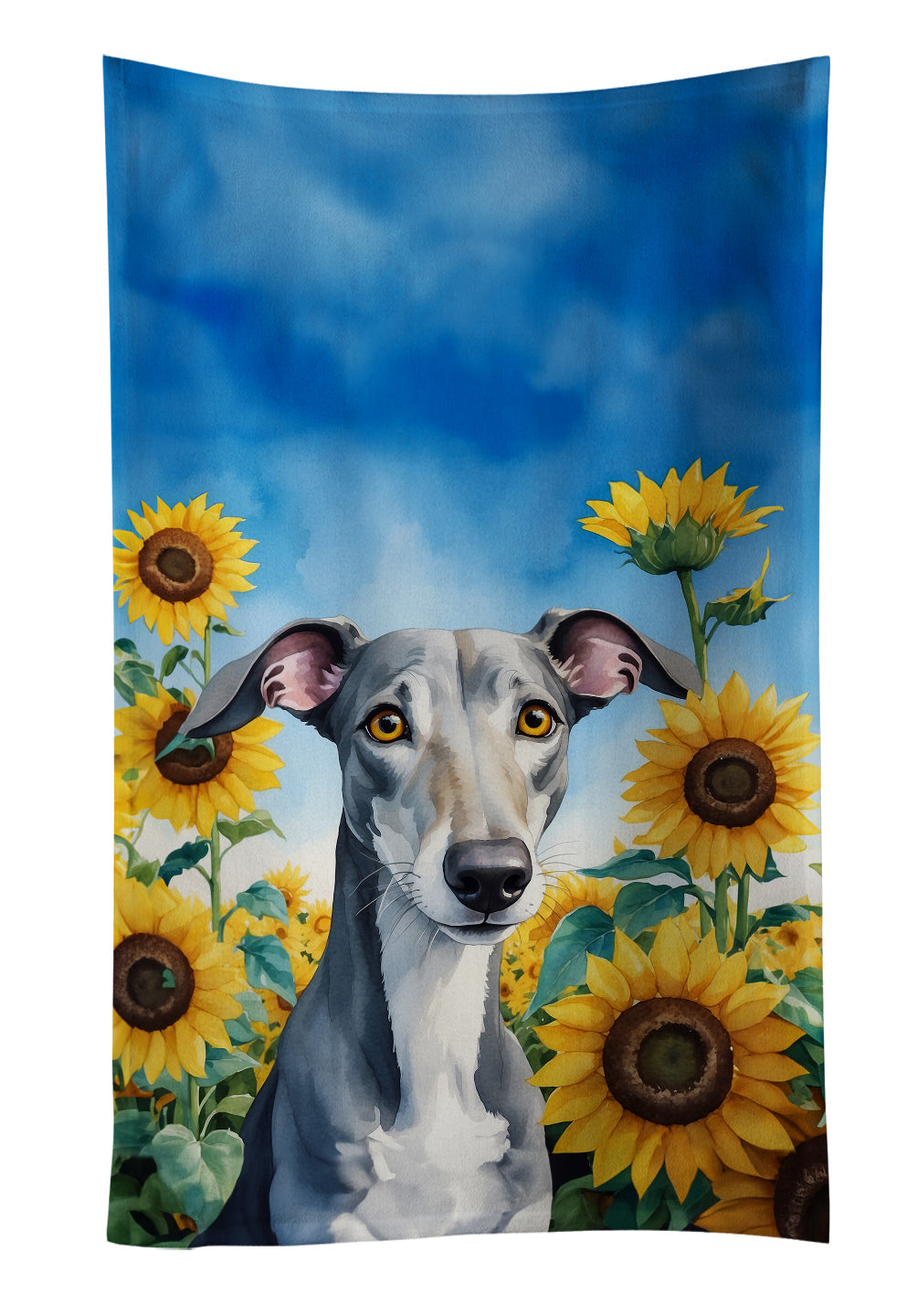 Greyhound in Sunflowers Kitchen Towel Velour Plush Front and Cotton Loop Back Machine Washable