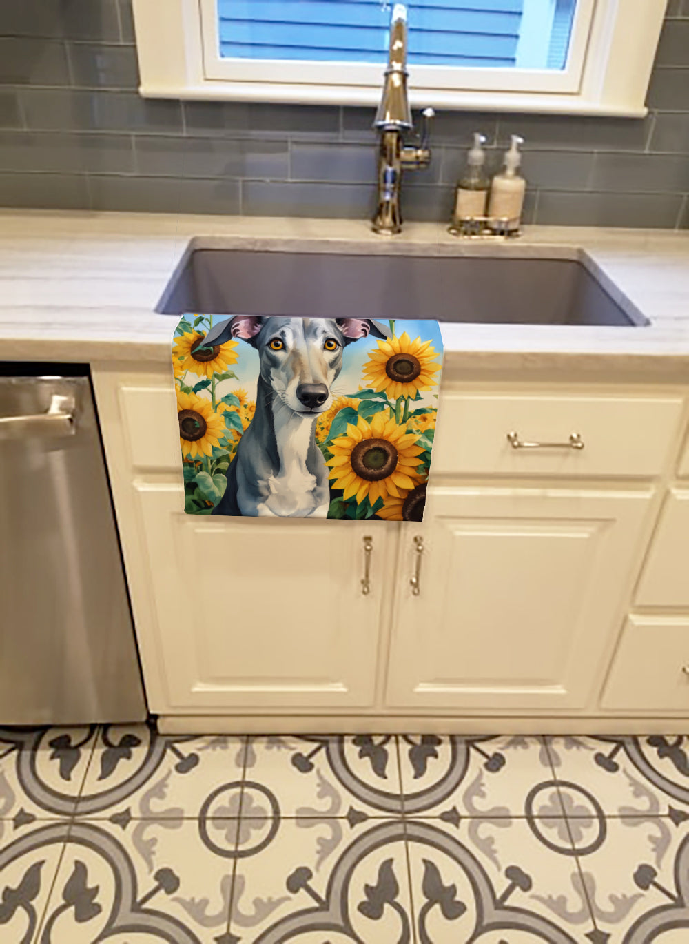 Greyhound in Sunflowers Kitchen Towel Velour Plush Front and Cotton Loop Back Machine Washable