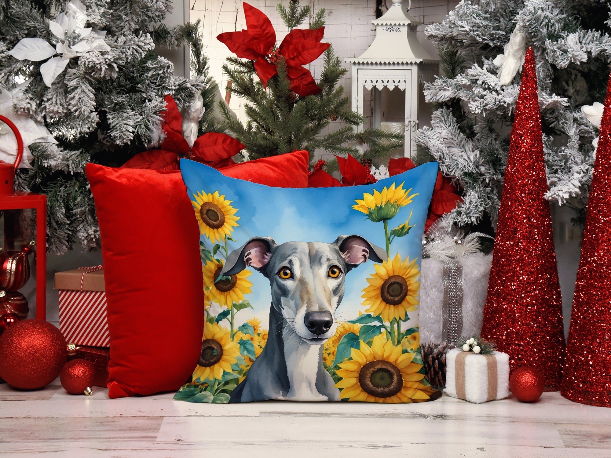 Greyhound in Sunflowers Decorative Throw Pillow 14x14 Indoor Outdoor Accent Cushion, Fabric Cover with Insert for Sofa, Bed, Porch & Living Room