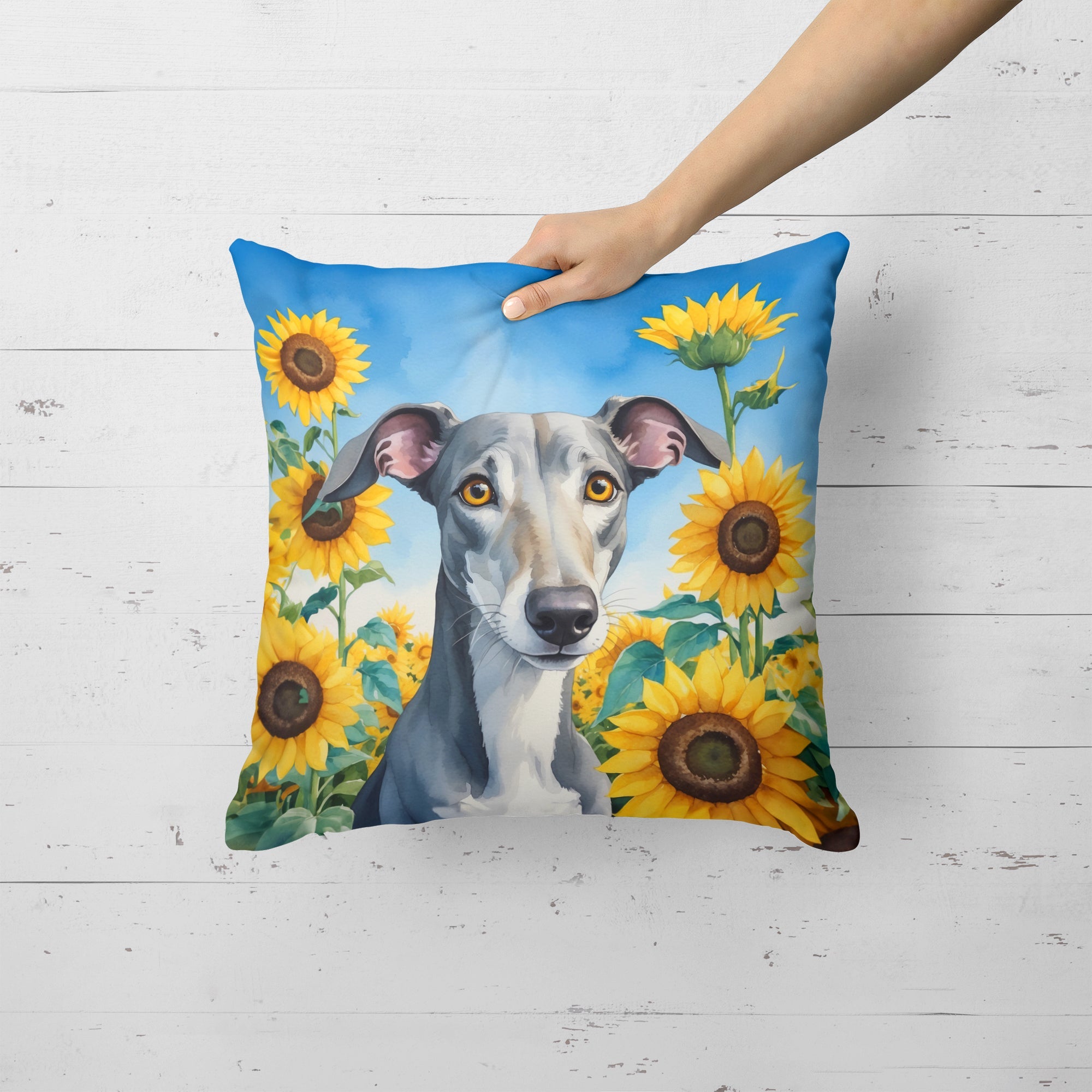 Greyhound in Sunflowers Decorative Throw Pillow 18x18 Indoor Outdoor Accent Cushion, Fabric Cover with Insert for Sofa, Bed, Porch & Living Room