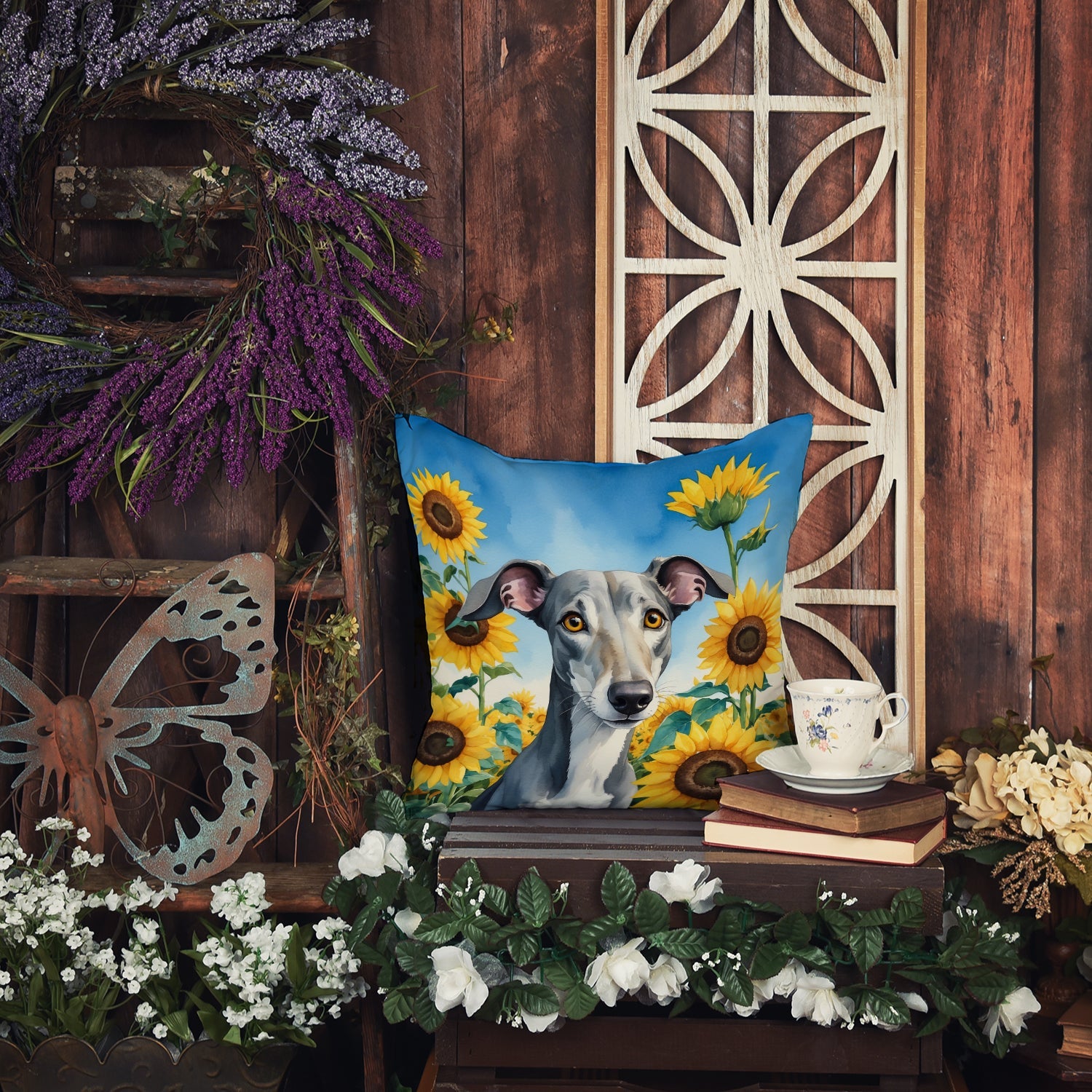 Greyhound in Sunflowers Decorative Throw Pillow 18x18 Indoor Outdoor Accent Cushion, Fabric Cover with Insert for Sofa, Bed, Porch & Living Room