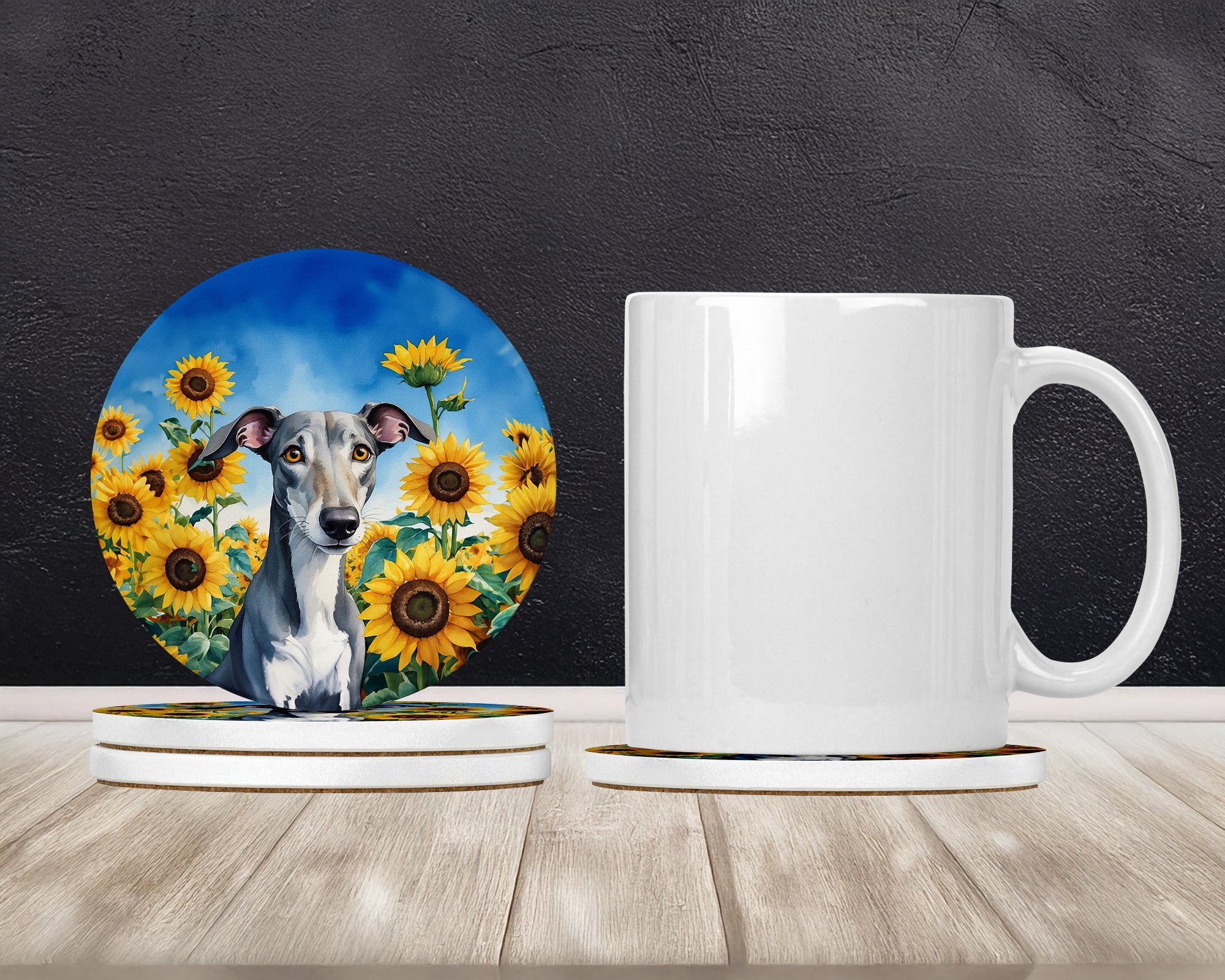 Greyhound in Sunflowers Large Sandstone Coasters Pack of 4 Absorbent Round Coasters Decor Gifts for Men or Women, 4 in, Multicolor