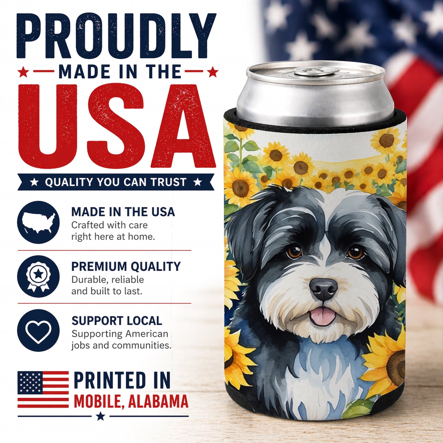 Havanese in Sunflowers Can or Bottle Hugger Cooler Sleeve for Standard 12 oz Cans, Insulated Foam Beer & Soda Can Hugger Reusable