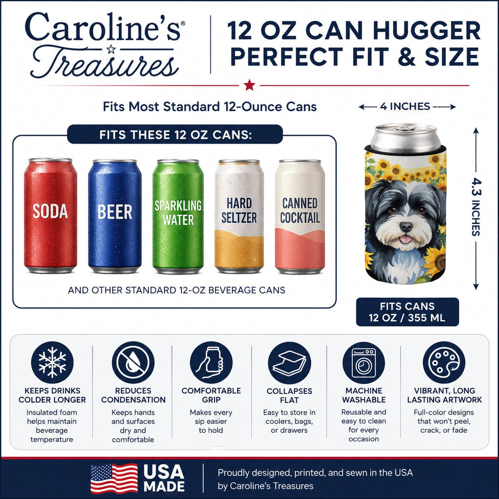 Havanese in Sunflowers Can or Bottle Hugger Cooler Sleeve for Standard 12 oz Cans, Insulated Foam Beer & Soda Can Hugger Reusable