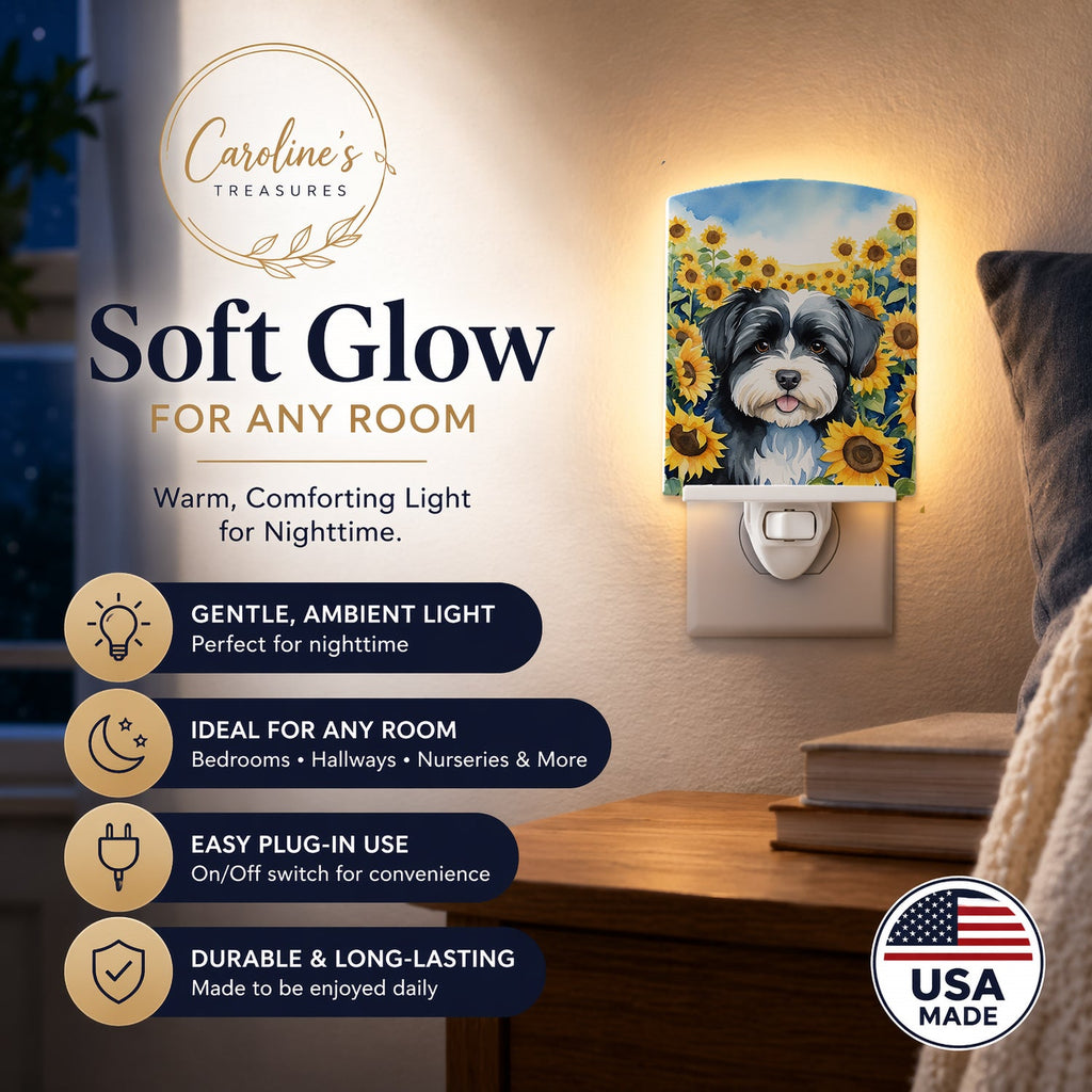 Havanese in Sunflowers Ceramic Night Light Compact, UL-Certified, Ideal for Bedroom, Bathroom, Nursery, Hallway, Kitchen, 6x4x3, Multicolor