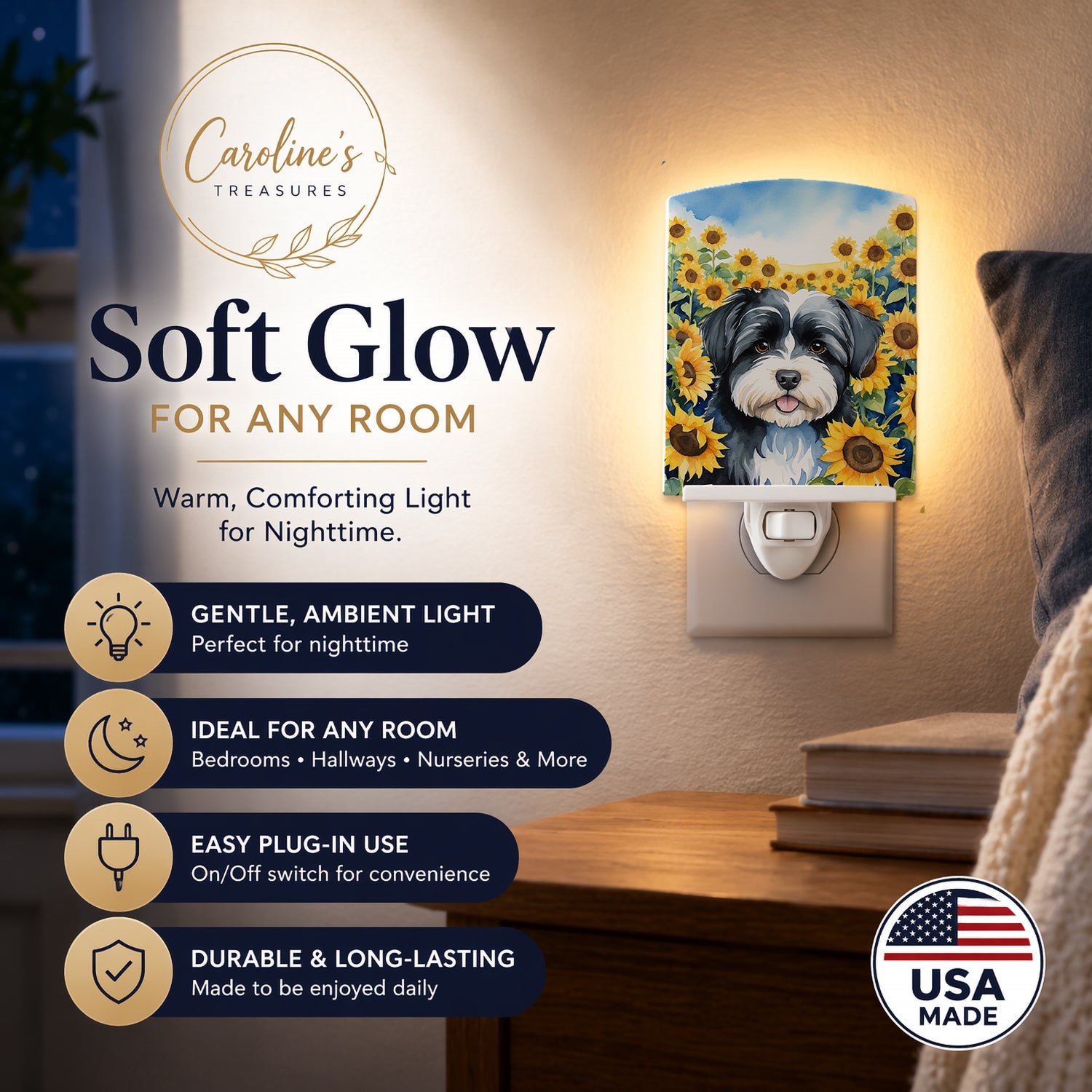 Havanese in Sunflowers Ceramic Night Light Compact, UL-Certified, Ideal for Bedroom, Bathroom, Nursery, Hallway, Kitchen, 6x4x3, Multicolor