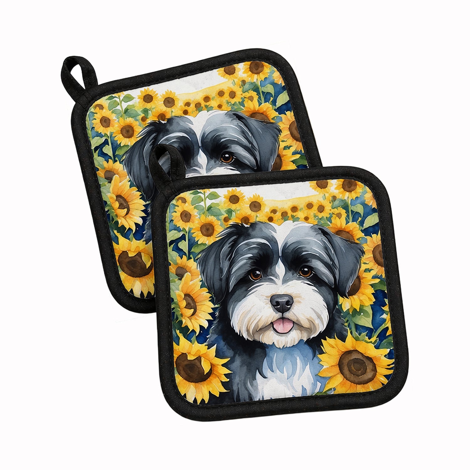 Havanese in Sunflowers Pot Holder Set of 2 Heat Resistant Quilted Hot Pads 7.5 x 7.5 Inch, Insulated Kitchen Trivets for Cooking & Baking