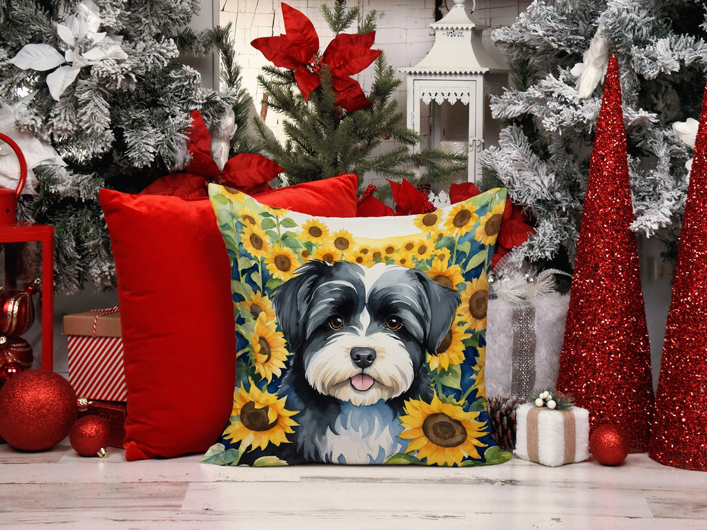 Havanese in Sunflowers Decorative Throw Pillow 14x14 Indoor Outdoor Accent Cushion, Fabric Cover with Insert for Sofa, Bed, Porch & Living Room