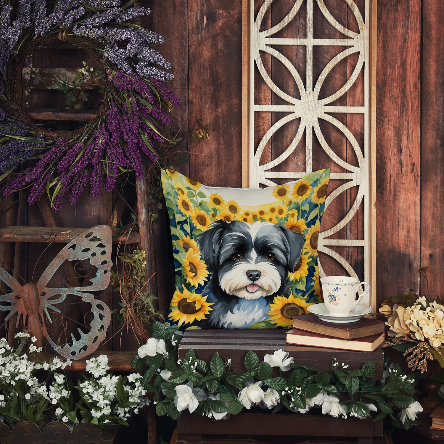 Havanese in Sunflowers Decorative Throw Pillow 18x18 Indoor Outdoor Accent Cushion, Fabric Cover with Insert for Sofa, Bed, Porch & Living Room