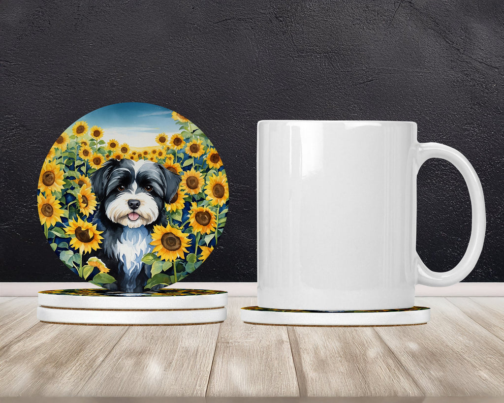 Havanese in Sunflowers Large Sandstone Coasters Pack of 4 Absorbent Round Coasters Decor Gifts for Men or Women, 4 in, Multicolor