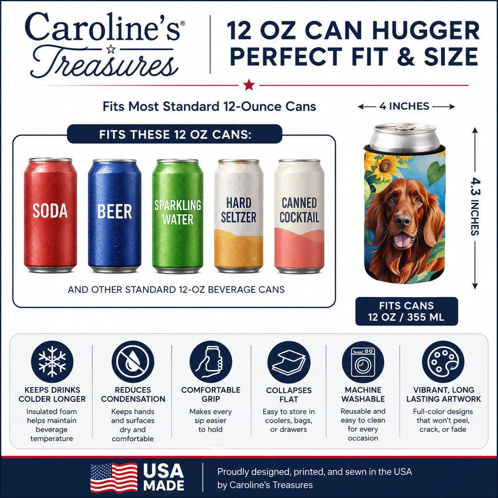 Irish Setter in Sunflowers Can or Bottle Hugger Cooler Sleeve for Standard 12 oz Cans, Insulated Foam Beer & Soda Can Hugger Reusable