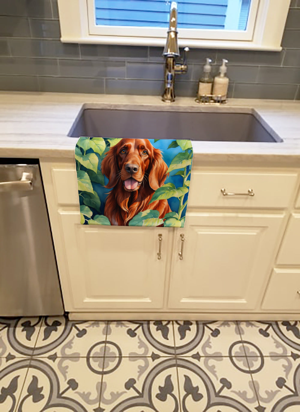 Irish Setter in Sunflowers Kitchen Towel Velour Plush Front and Cotton Loop Back Machine Washable