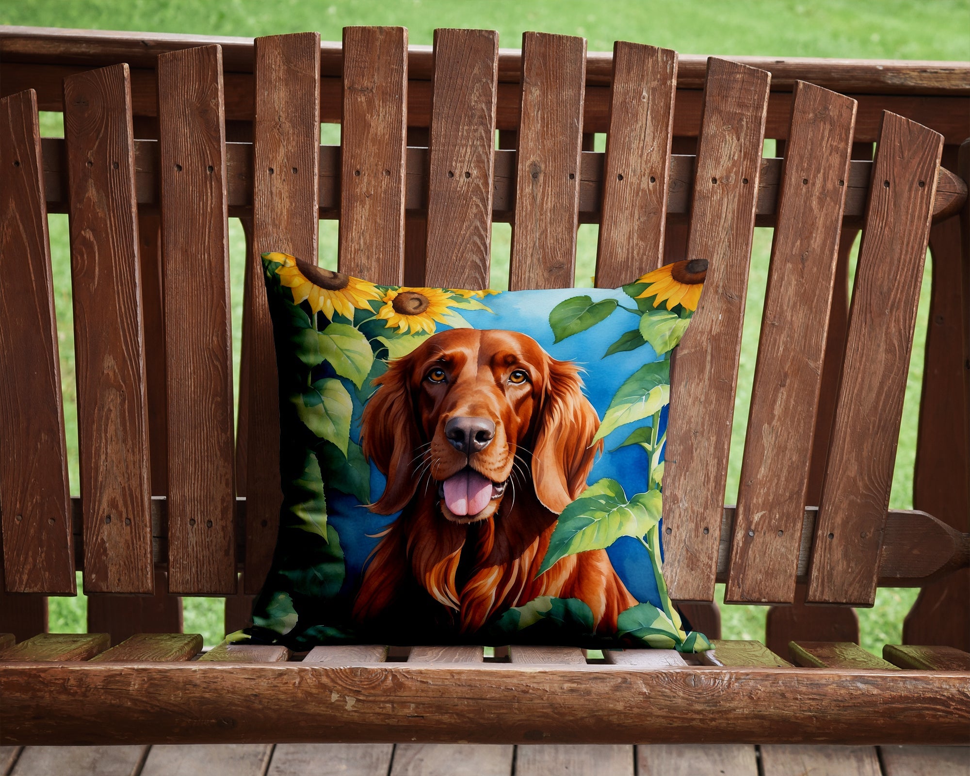 Irish Setter in Sunflowers Decorative Throw Pillow 14x14 Indoor Outdoor Accent Cushion, Fabric Cover with Insert for Sofa, Bed, Porch & Living Room