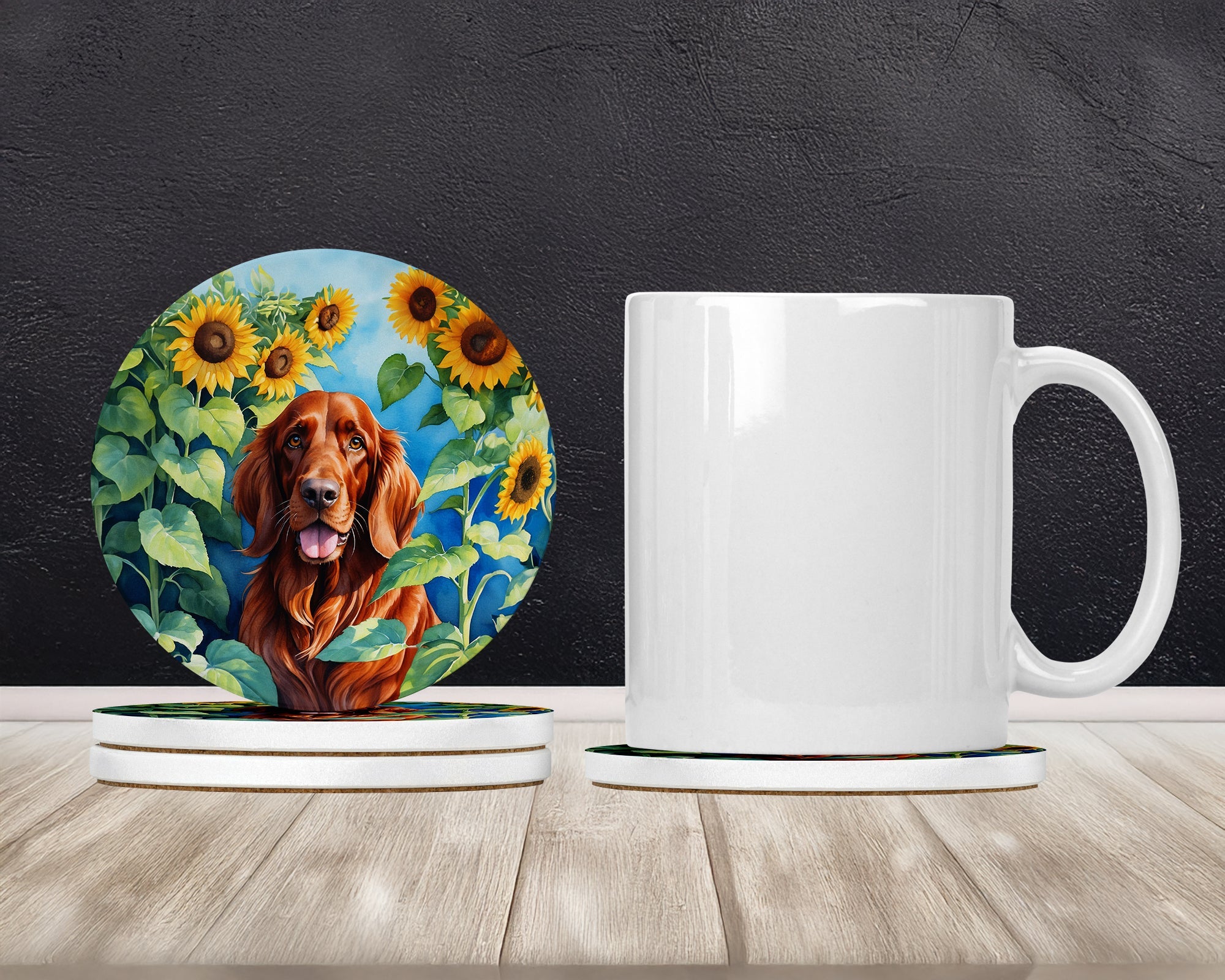 Irish Setter in Sunflowers Large Sandstone Coasters Pack of 4 Absorbent Round Coasters Decor Gifts for Men or Women, 4 in, Multicolor