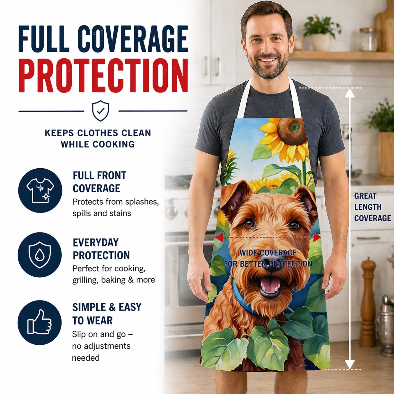 Irish Terrier in Sunflowers Apron Cooking Kitchen Server Baking Crafts Gardening for Adult Women Men, Unisex, Large, Multicolor