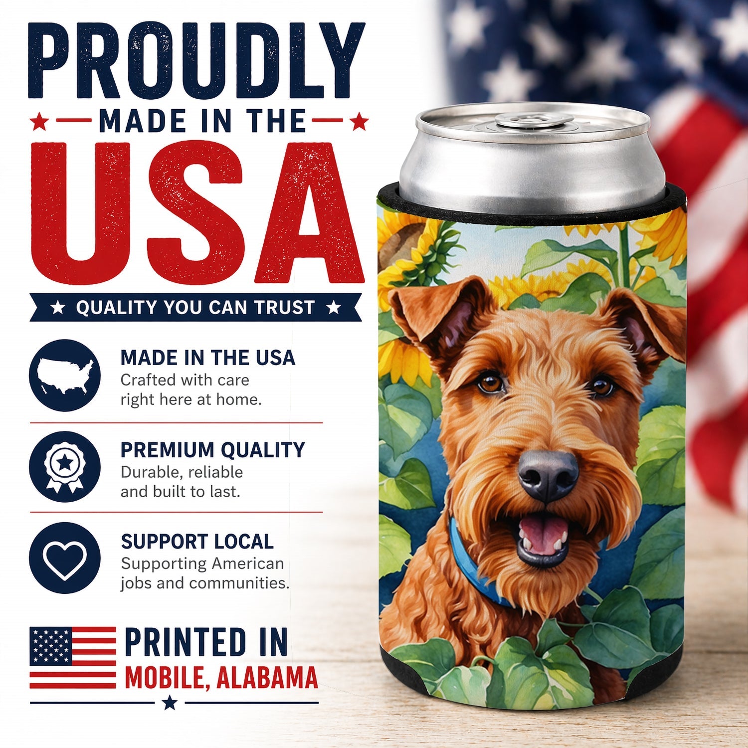 Irish Terrier in Sunflowers Can or Bottle Hugger Cooler Sleeve for Standard 12 oz Cans, Insulated Foam Beer & Soda Can Hugger Reusable