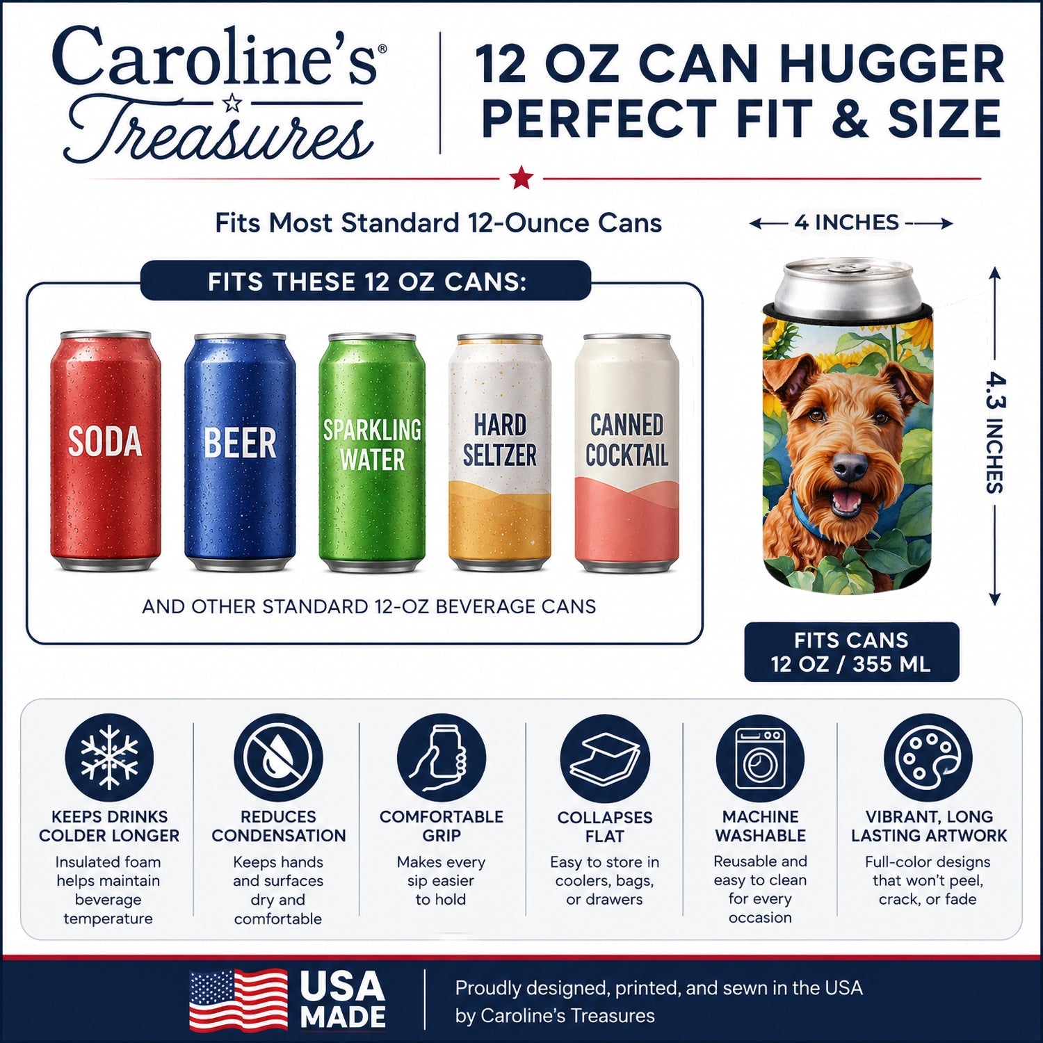 Irish Terrier in Sunflowers Can or Bottle Hugger Cooler Sleeve for Standard 12 oz Cans, Insulated Foam Beer & Soda Can Hugger Reusable