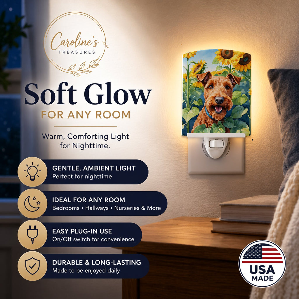 Irish Terrier in Sunflowers Ceramic Night Light Compact, UL-Certified, Ideal for Bedroom, Bathroom, Nursery, Hallway, Kitchen, 6x4x3, Multicolor