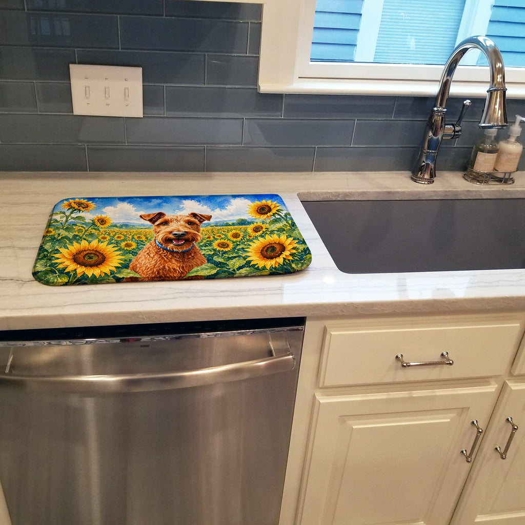 Irish Terrier in Sunflowers Dish Drying Mat Absorbent Dish Drying Mat Pad for Kitchen Counter Dish Drainer Mat for Countertop, 14 x 21", Multicolor