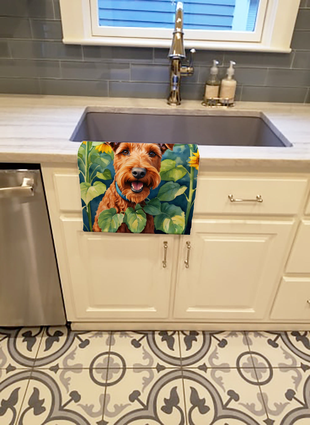 Irish Terrier in Sunflowers Kitchen Towel Velour Plush Front and Cotton Loop Back Machine Washable