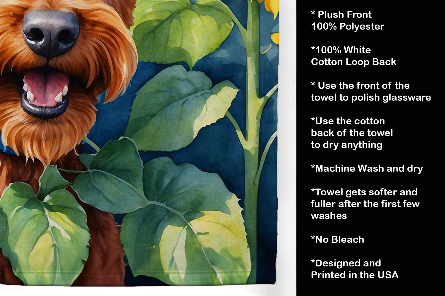 Irish Terrier in Sunflowers Kitchen Towel Velour Plush Front and Cotton Loop Back Machine Washable
