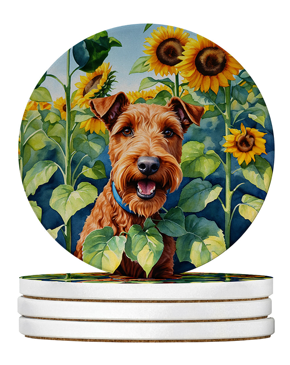 Irish Terrier in Sunflowers Large Sandstone Coasters Pack of 4 Absorbent Round Coasters Decor Gifts for Men or Women, 4 in, Multicolor
