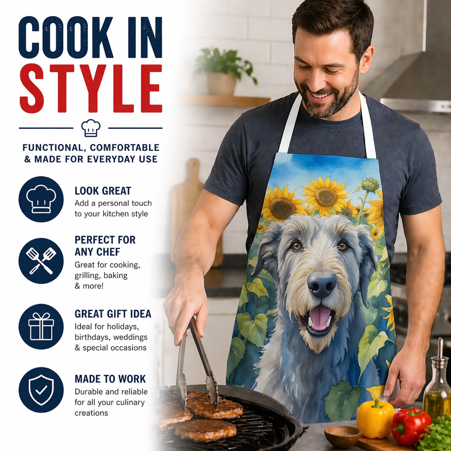 Irish Wolfhound in Sunflowers Apron Cooking Kitchen Server Baking Crafts Gardening for Adult Women Men, Unisex, Large, Multicolor
