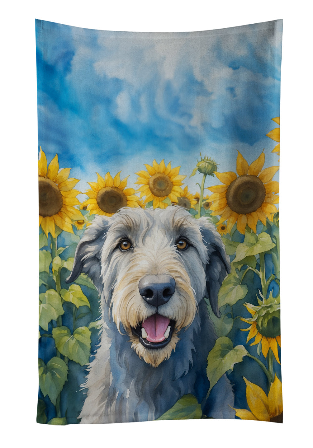 Irish Wolfhound in Sunflowers Kitchen Towel Velour Plush Front and Cotton Loop Back Machine Washable