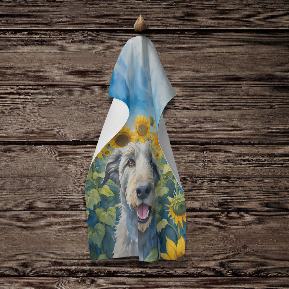 Irish Wolfhound in Sunflowers Kitchen Towel Velour Plush Front and Cotton Loop Back Machine Washable
