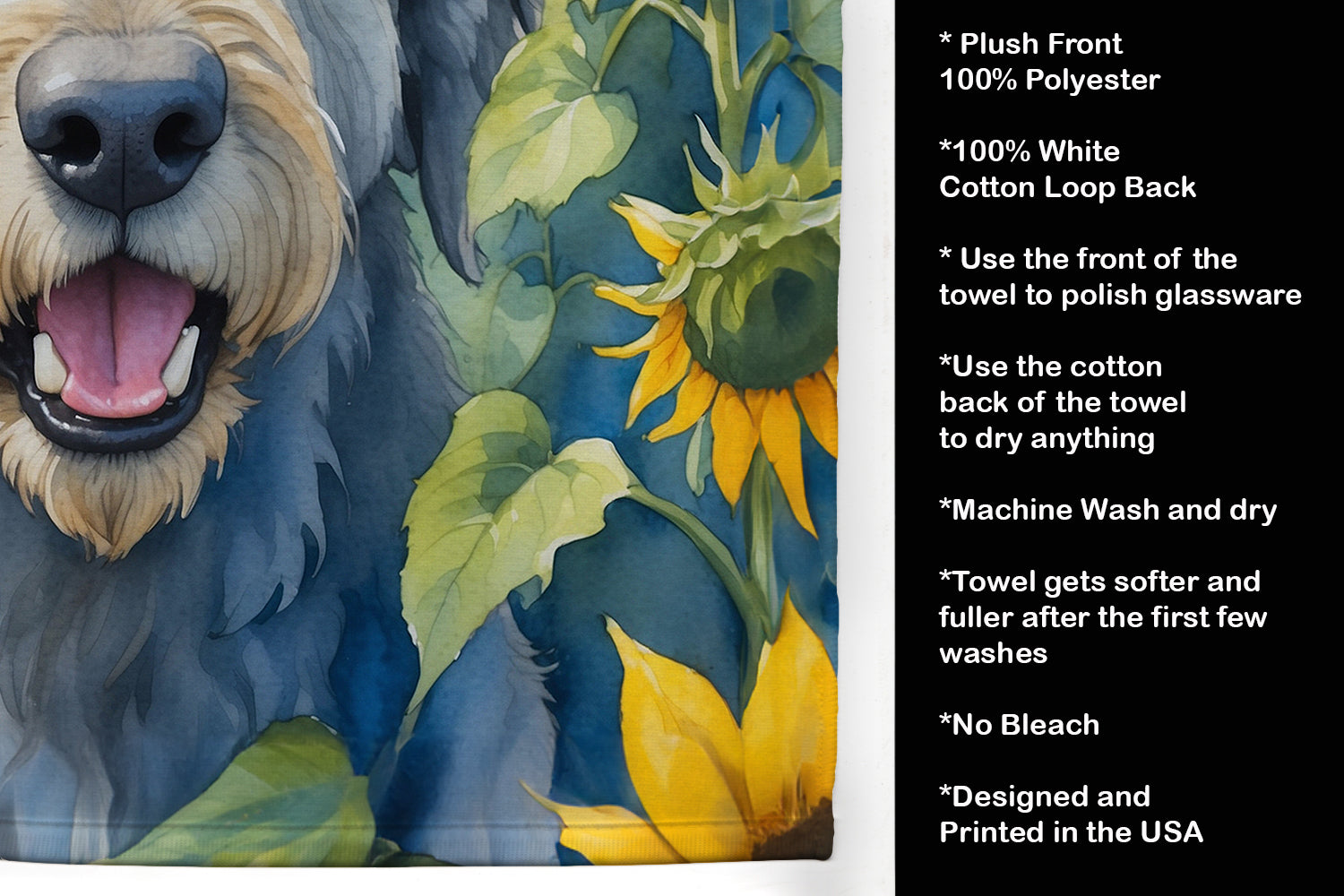 Irish Wolfhound in Sunflowers Kitchen Towel Velour Plush Front and Cotton Loop Back Machine Washable