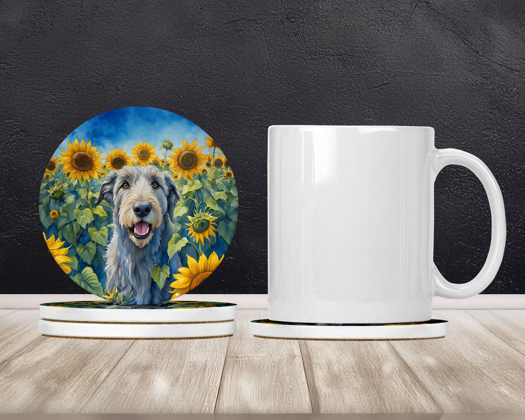 Irish Wolfhound in Sunflowers Large Sandstone Coasters Pack of 4 Absorbent Round Coasters Decor Gifts for Men or Women, 4 in, Multicolor